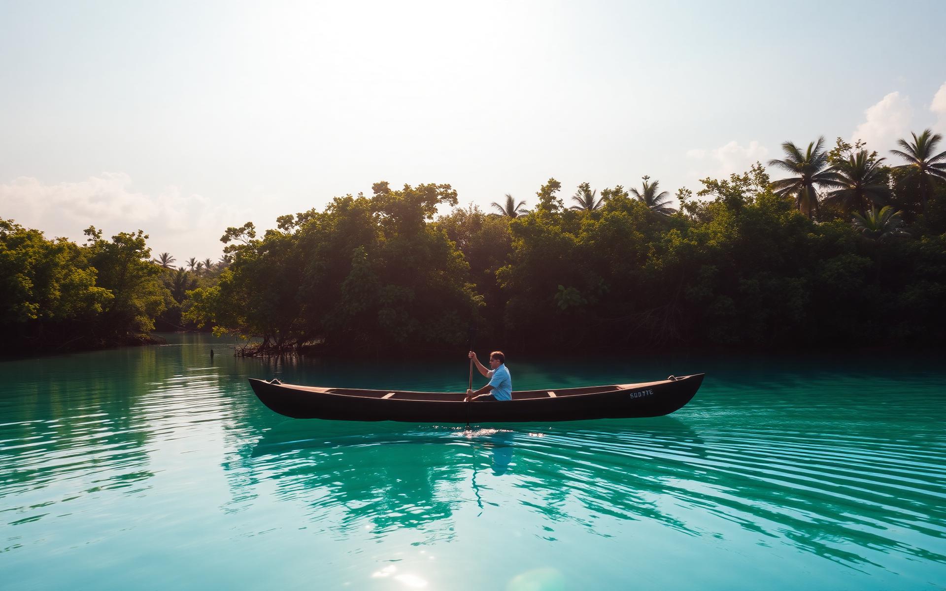 Canoa deslizándose sobre aguas turquesas de un manglar en Cancún