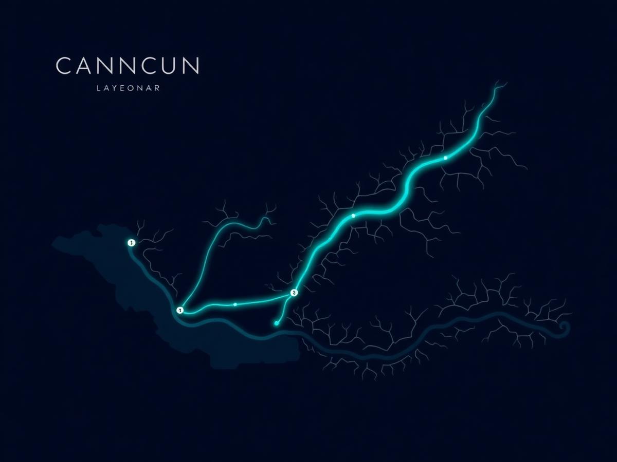 Vista de mapa GPS de una ruta en canoa por la laguna de Cancún